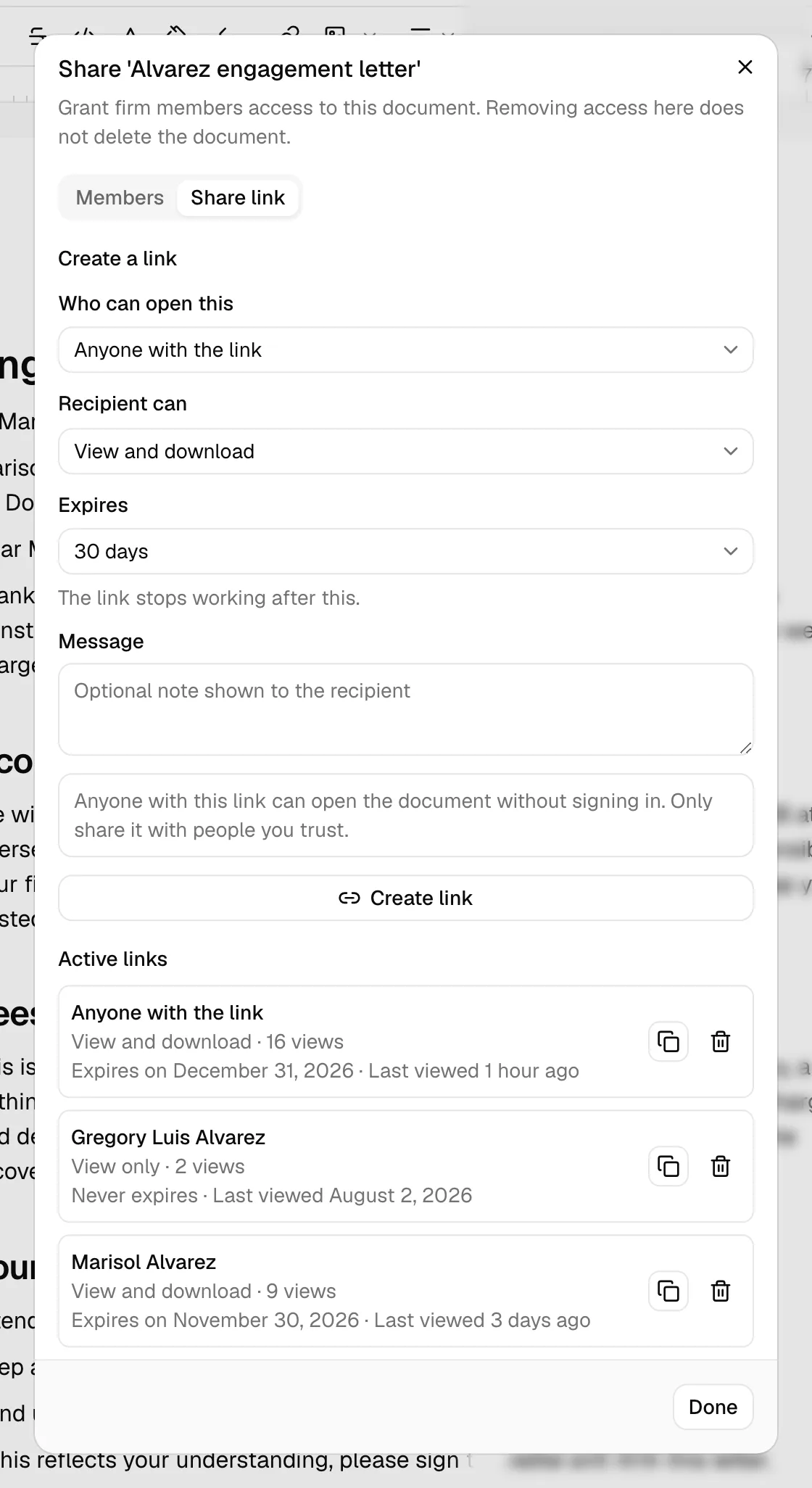 The Share link tab showing the Create a link section with the Who can open this and Recipient can dropdowns, the Message box, and the Create link button.