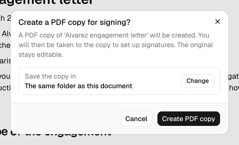 The Create a PDF copy for signing? dialog with its explanation, the Save the copy in row with its Change button, and the Cancel and Create PDF copy buttons.