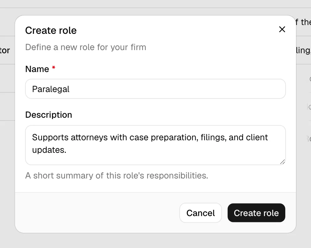 The Create role dialog with the Name field filled in (for example, "Paralegal"), the Description field, and the Create role and Cancel buttons.