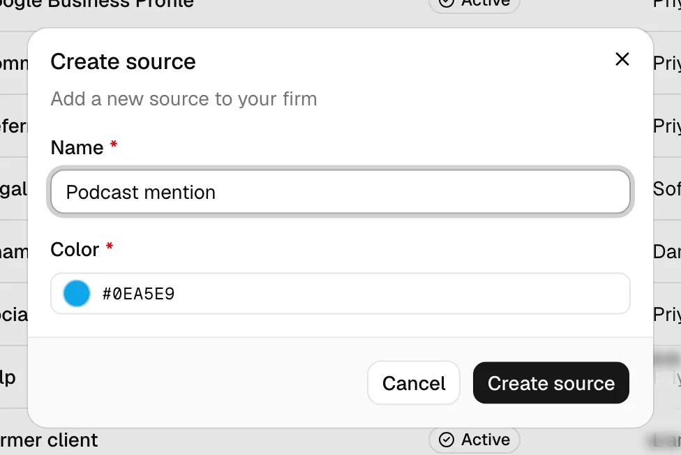 The Create source dialog with the Name field filled in (for example "Referral") and the Color picker showing a selected color, with the Create source button