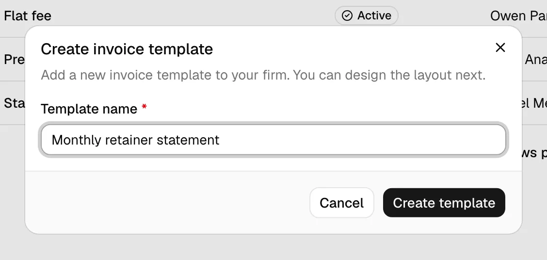 The Create invoice template dialog with the Template name field filled in and the Create template button highlighted.