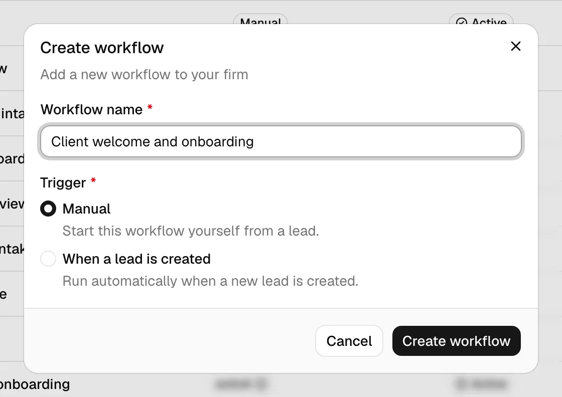 The Create workflow dialog showing the Workflow name field and the Trigger radio options, with the Create workflow button highlighted.