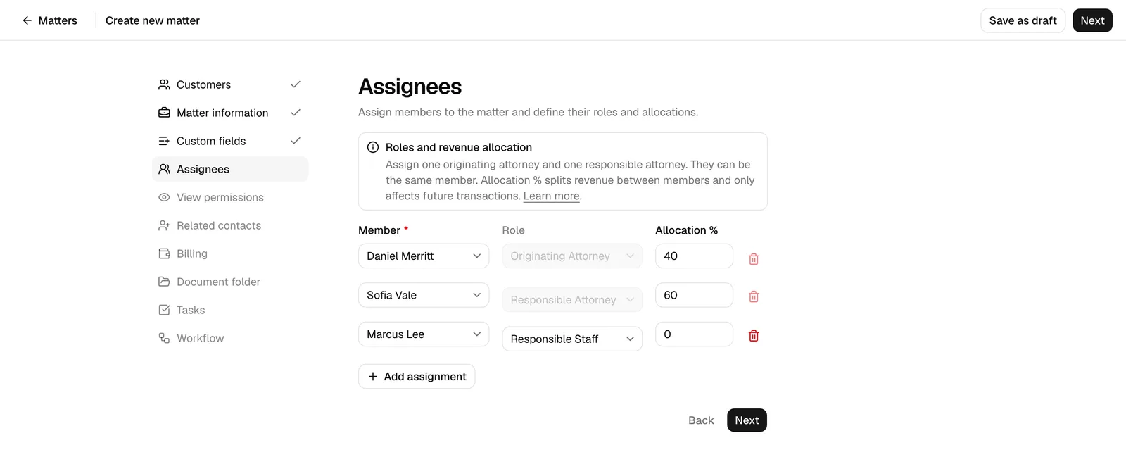 The Assignees step showing member rows with Role dropdowns and Allocation % fields, and the "Roles and revenue allocation" info banner at the top.