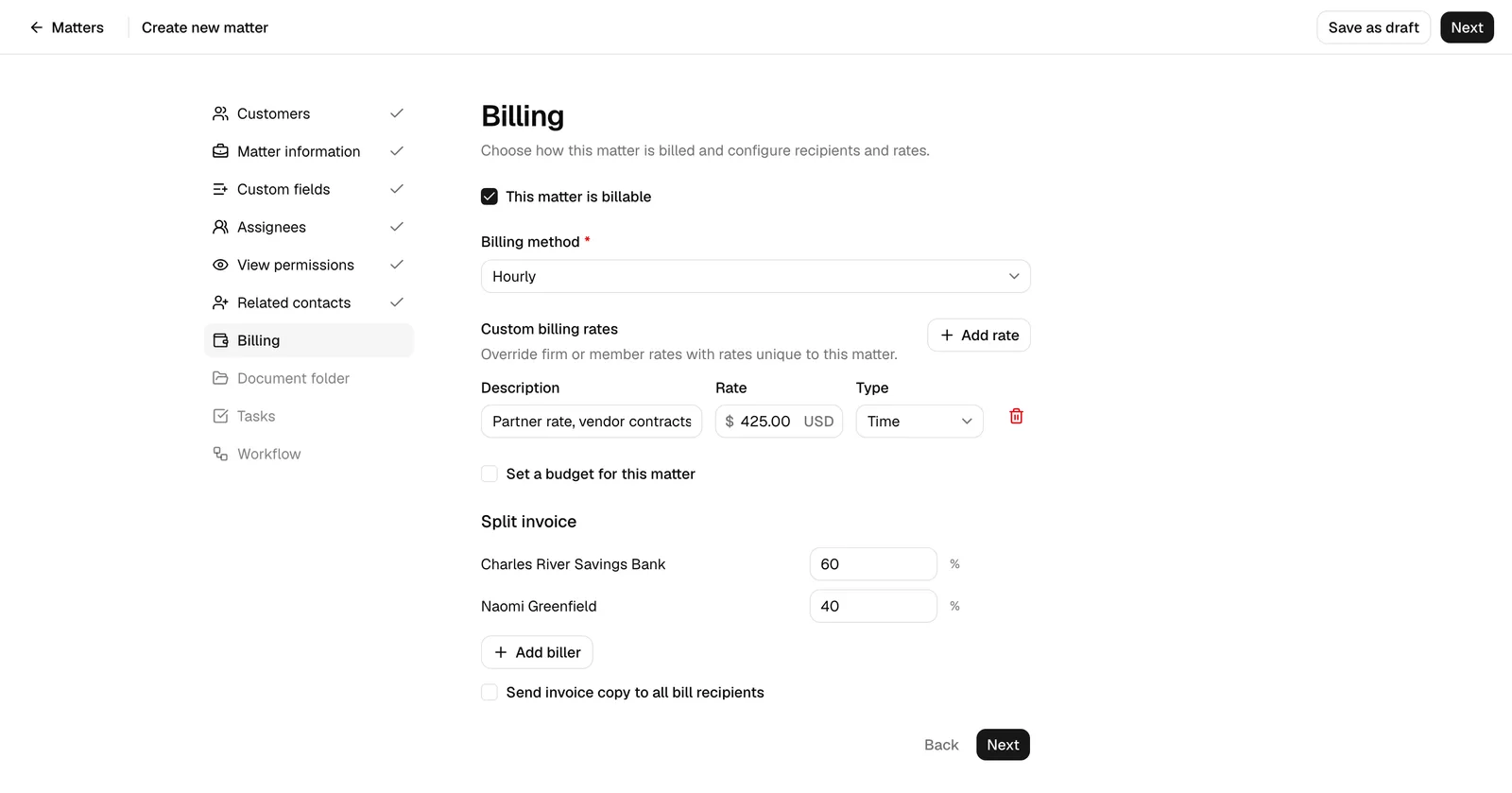 The Billing step with "This matter is billable" checked, the Billing method set to Hourly, a custom rate row, and the Split invoice section with two recipients