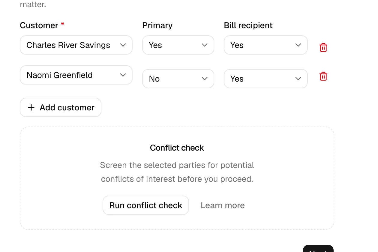 The Customers step with two customer rows (one marked Primary, one marked Bill recipient) and the Conflict check panel below showing the Run conflict check