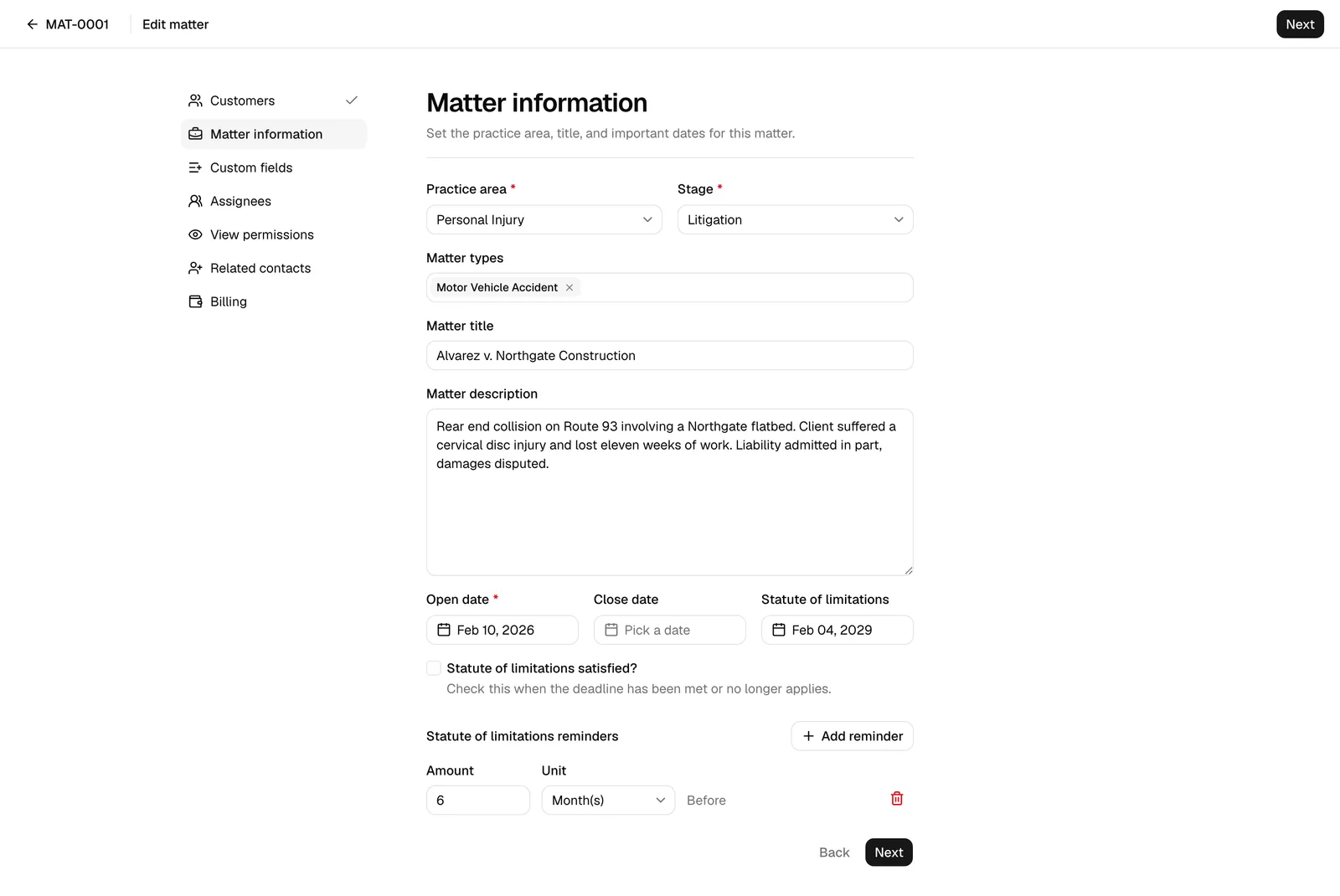 The edit wizard open on the Matter information step, showing the prefilled values and the Save changes button, with only the first seven steps listed on the