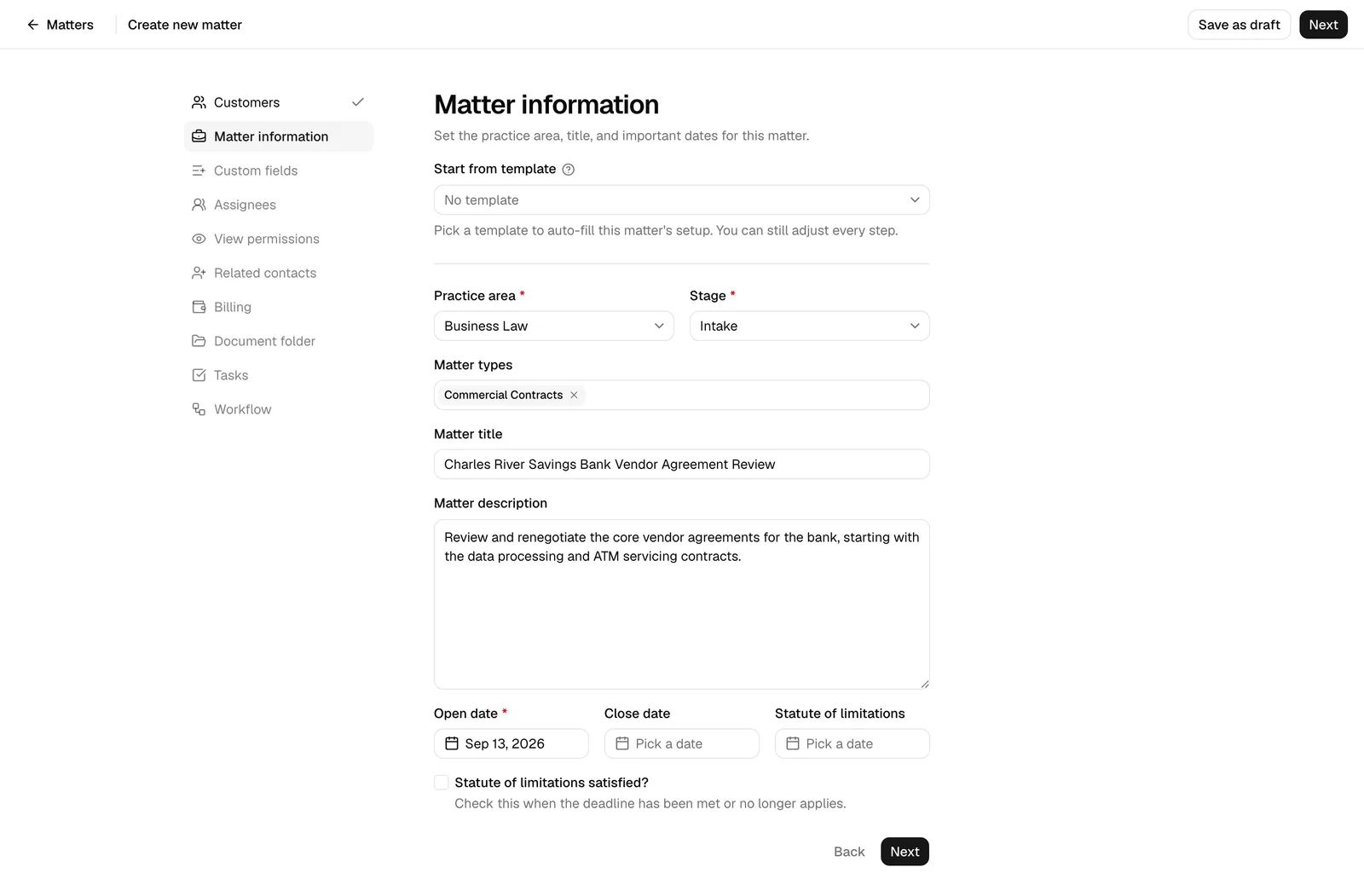 The Matter information step showing Practice area, Stage, Matter types, Matter title, Open/Close/Statute of limitations dates, and the "Statute of limitations