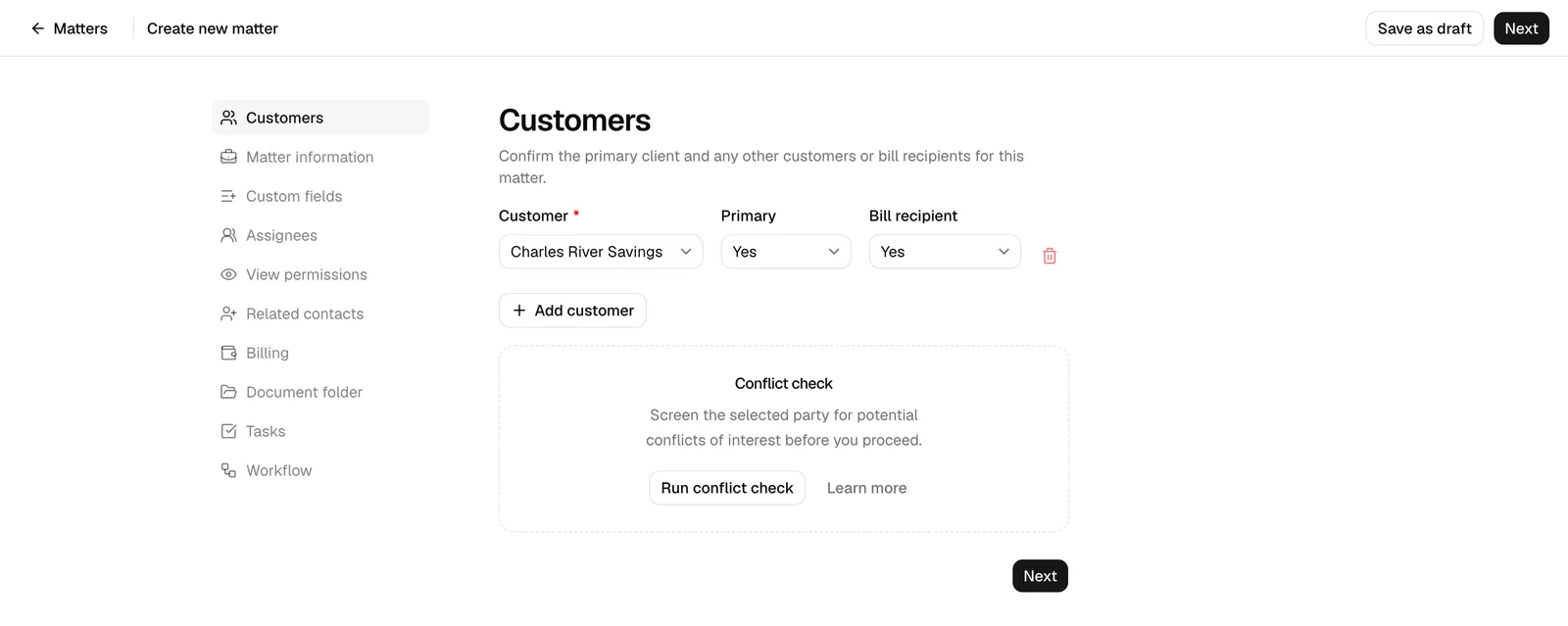 The new-matter wizard open on the Customers step, with the step list on the left (Customers, Matter information, Custom fields, Assignees, View permissions