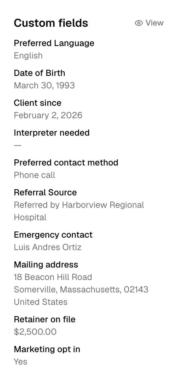 A record sidebar Custom fields block showing a formatted name, a full postal address, a currency amount, and a Yes/No field.