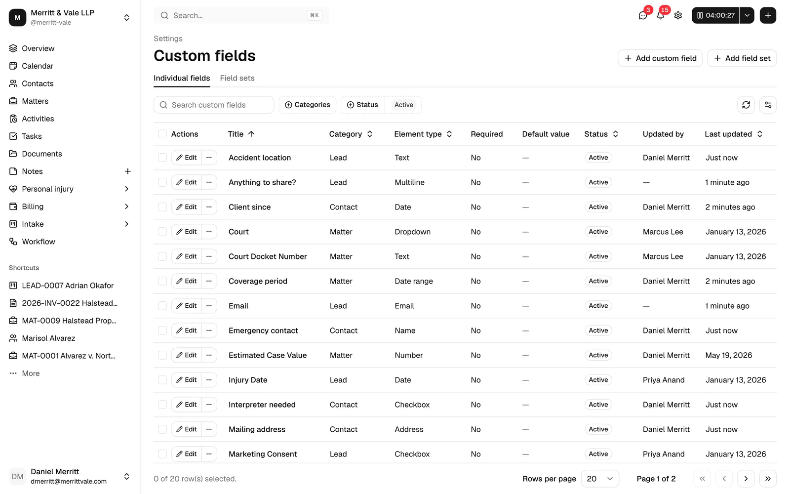 The Custom fields settings page showing the Individual fields tab with a table of fields and the Add custom field and Add field set buttons in the top-right.