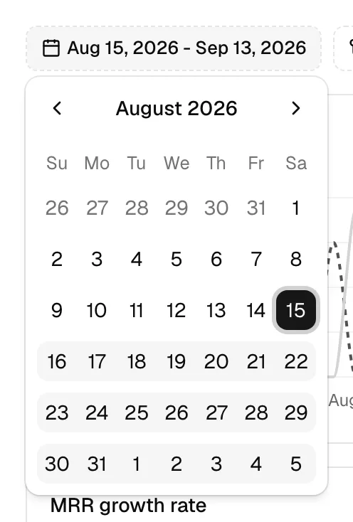 The date range button expanded into its calendar, with a start and end date selected to form a highlighted range.