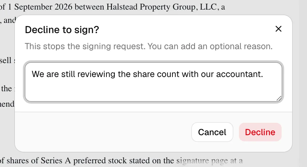 The "Decline to sign?" window with the optional reason text box and the Cancel and Decline buttons.