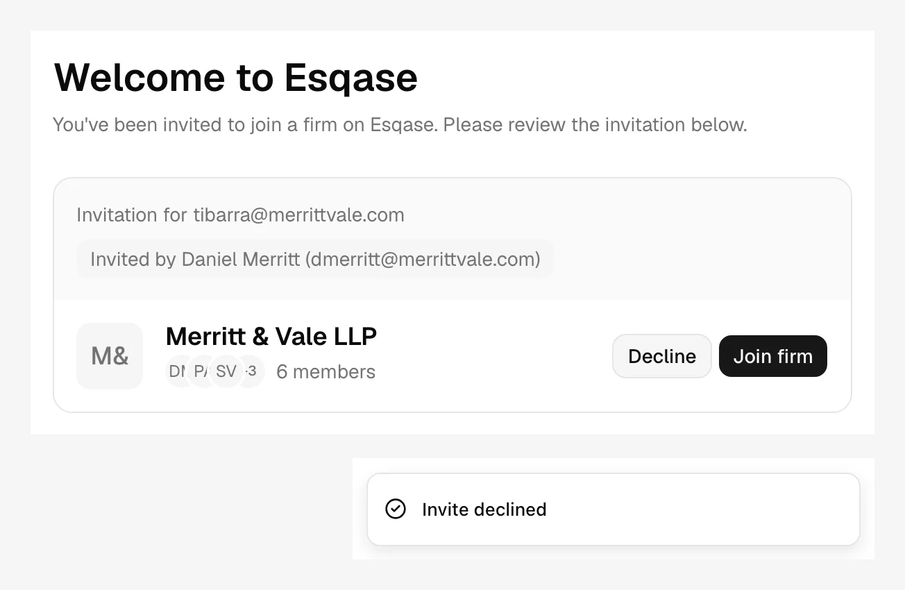 The join page with the Decline button highlighted, and the "Invite declined" confirmation toast.