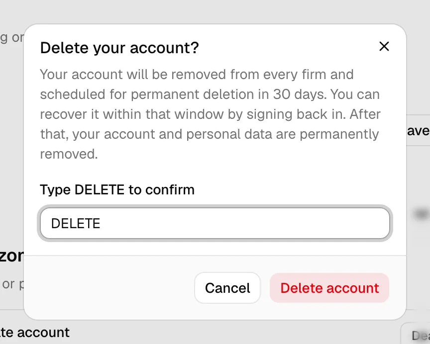 The Delete your account? dialog with the type-DELETE-to-confirm box and the red Delete account button.