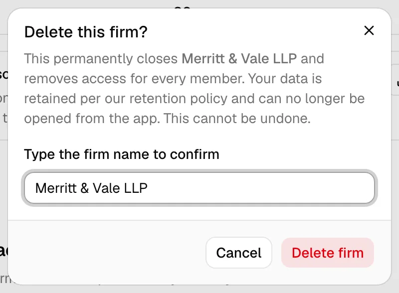 The Delete this firm? confirmation dialog with the "type the firm name to confirm" box and the red Delete firm button.