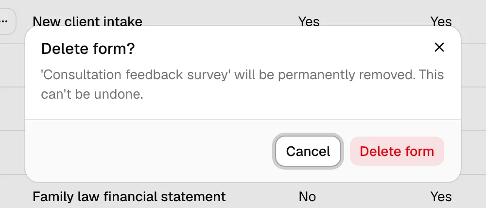 The Delete form? confirmation dialog warning that the form will be permanently removed, with the Delete form button.