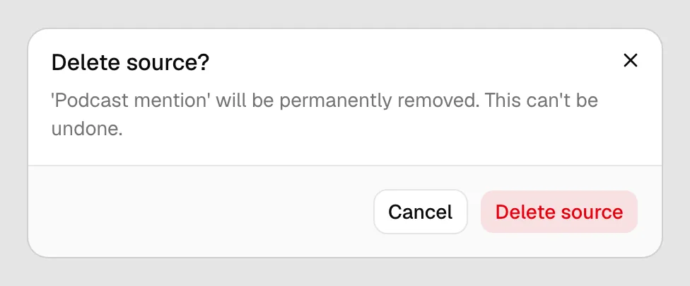 The Delete source? confirmation dialog with its warning text and the Delete source button highlighted.