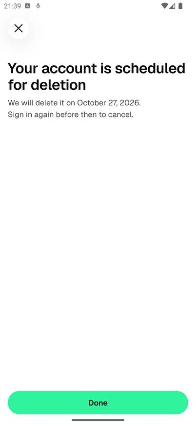 The Your account is scheduled for deletion screen in the Esqase Client app, showing the deletion date, how to cancel by signing in again, and the Done button.