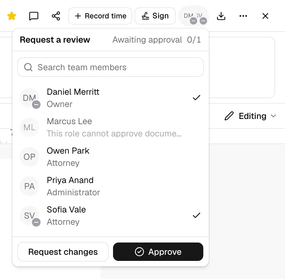 The editor header with the review control open, showing the panel with its "Request a review" heading, the status beside it, the member list with check marks