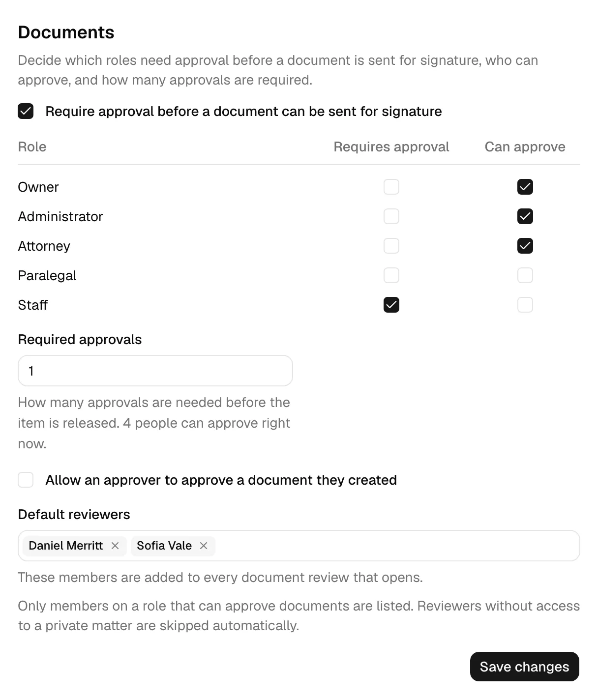 The Documents section of the Approvals page, showing the "Require approval before a document can be sent for signature" checkbox and the same role grid