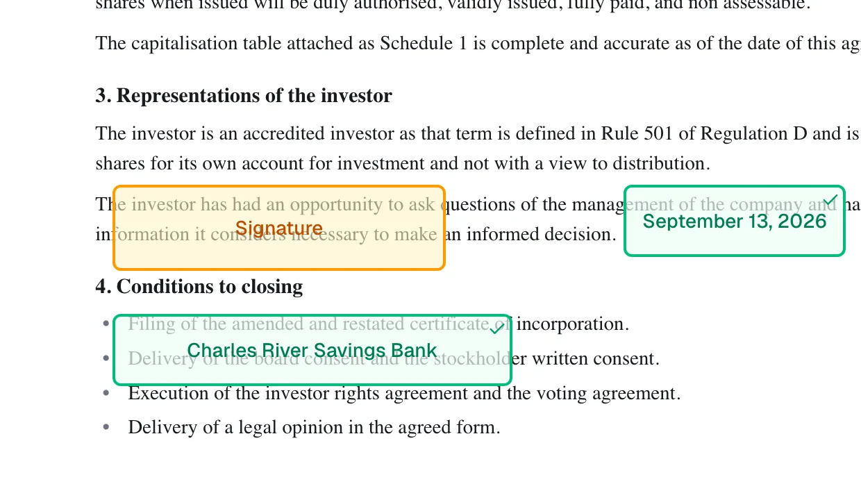 The document with several signature/initials/text fields, some highlighted amber (empty) and some green (filled).