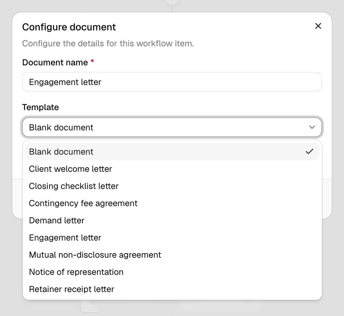 The Document step configuration showing the Document name field and the Template dropdown with the Blank document option.