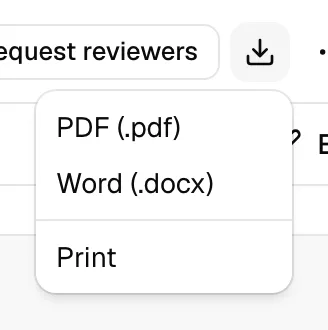 The Download menu open in the editor header, showing PDF (.pdf), Word (.docx), and Print.
