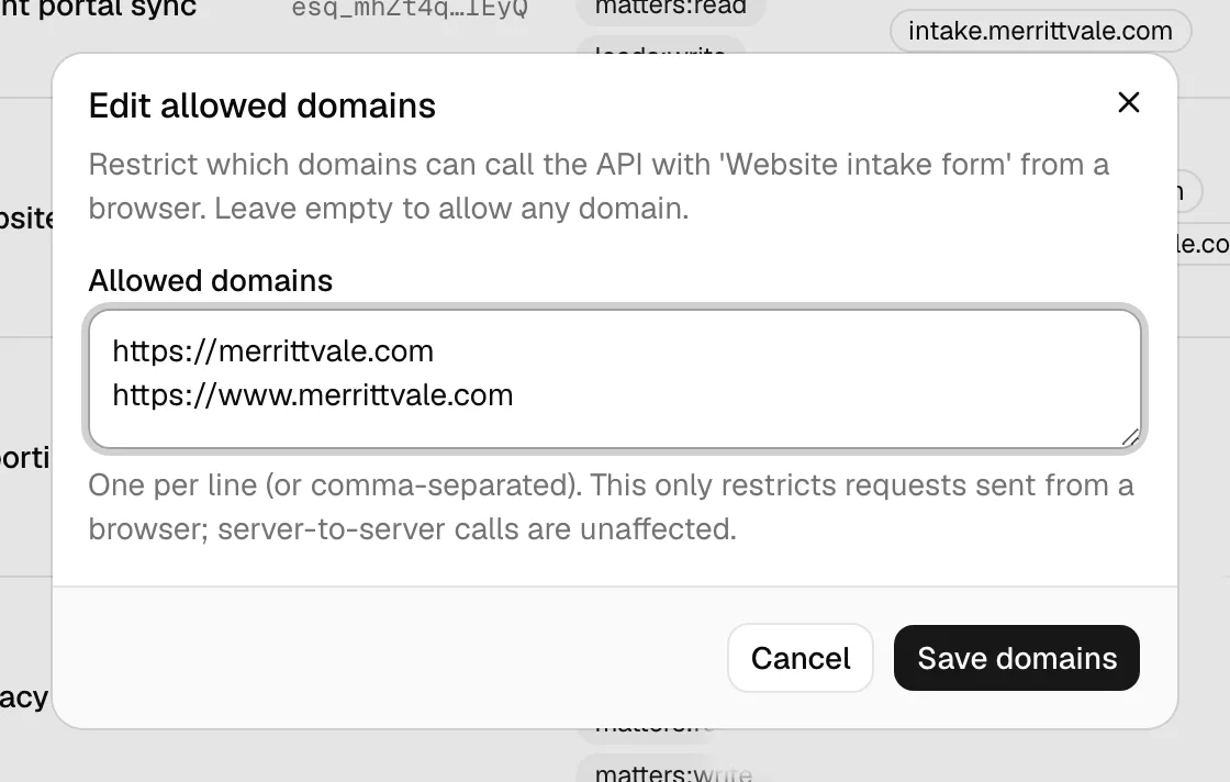 The "Edit allowed domains" dialog opened from an Active key's Domains button, showing the textarea of hostnames and a Save button.