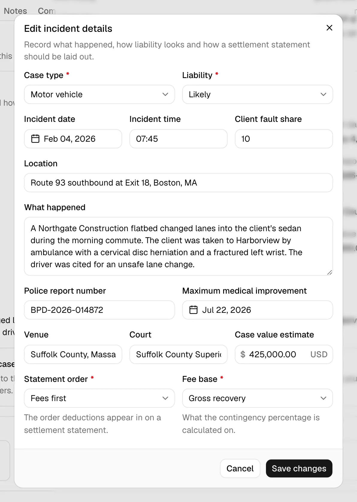 The Edit incident details dialog with Case type, Liability, and the Statement order and Fee base fields visible.