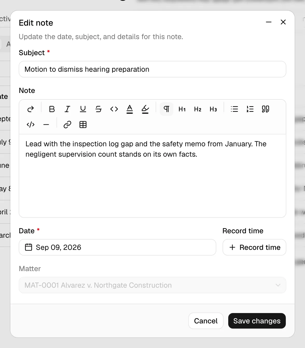 The Edit note dialog showing a filled-in note with the inline Record time control next to the Date field.