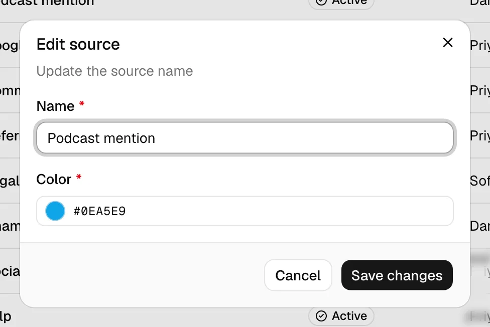 The Edit source dialog open over the Sources table, with the Name and Color fields populated and the Save changes button highlighted.