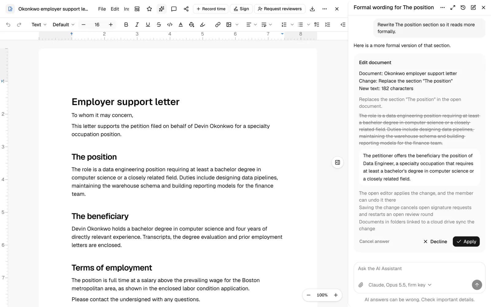 A letter open in the editor with the AI Assistant panel beside it: an Edit document block with the old text struck through, the new text, and Apply.