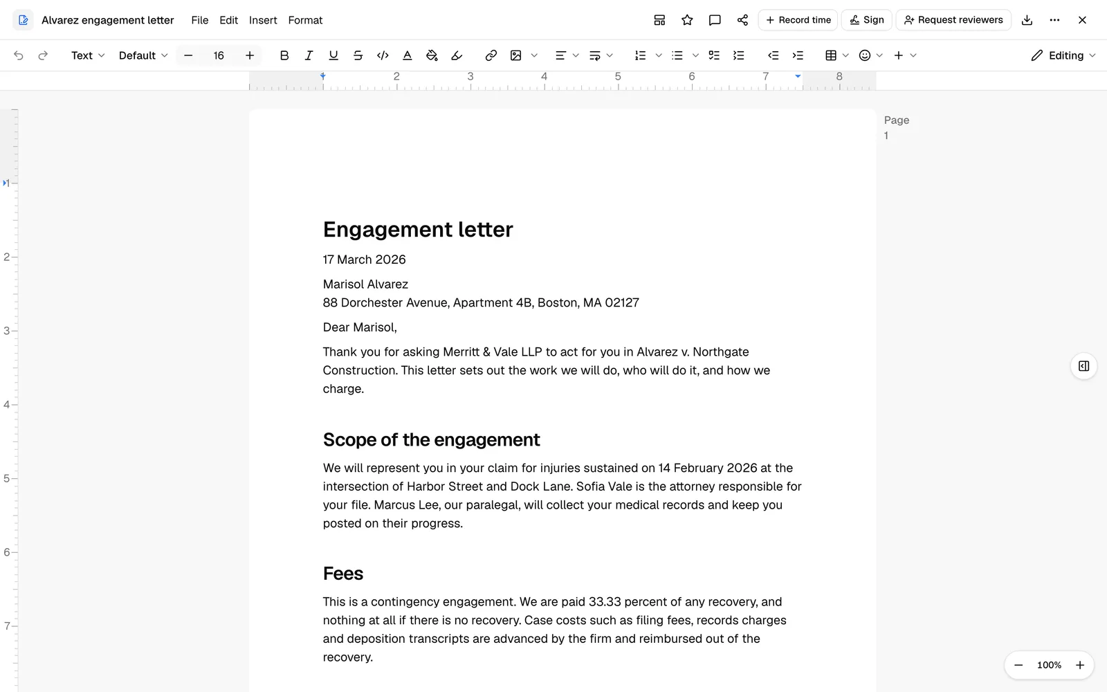 The full-screen editor with a document open, showing the top header (document name, File / Edit / Insert / Format menus, autosave indicator) and the formatting