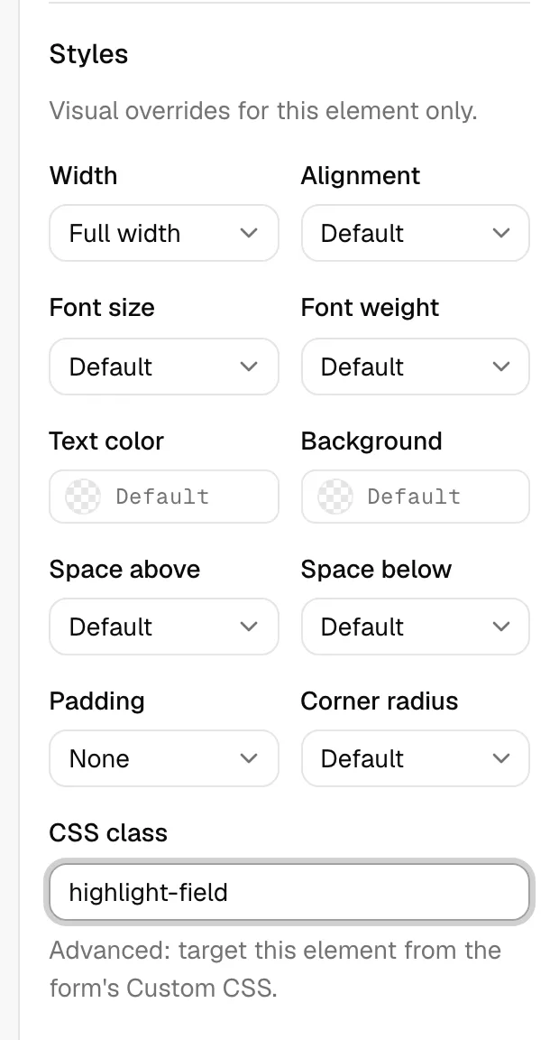The properties panel General tab for a selected element, scrolled to the Styles section showing Width, Alignment, Font size, Font weight, Text color