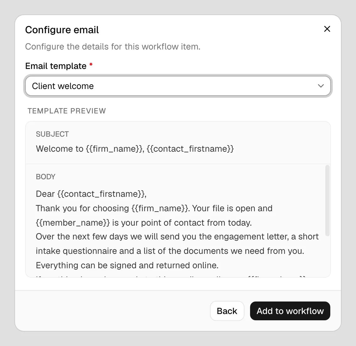 The Email step configuration with the Email template dropdown selected and the Template preview showing the subject and body below it.