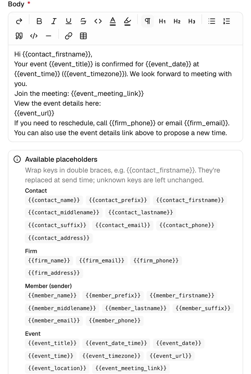 The Event - Event Confirmation template in the Edit email template dialog, with the Join the meeting: {{event_meeting_link}} line in the body and the Available placeholders panel below it, whose Event group ends with {{event_location}} and {{event_meeting_link}}.