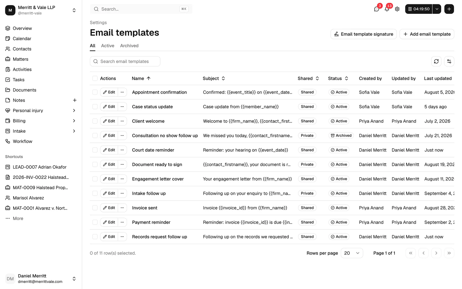 The Email templates page showing the table of templates, the All / Active / Archived tabs, the search box, and the Add email template and Email template