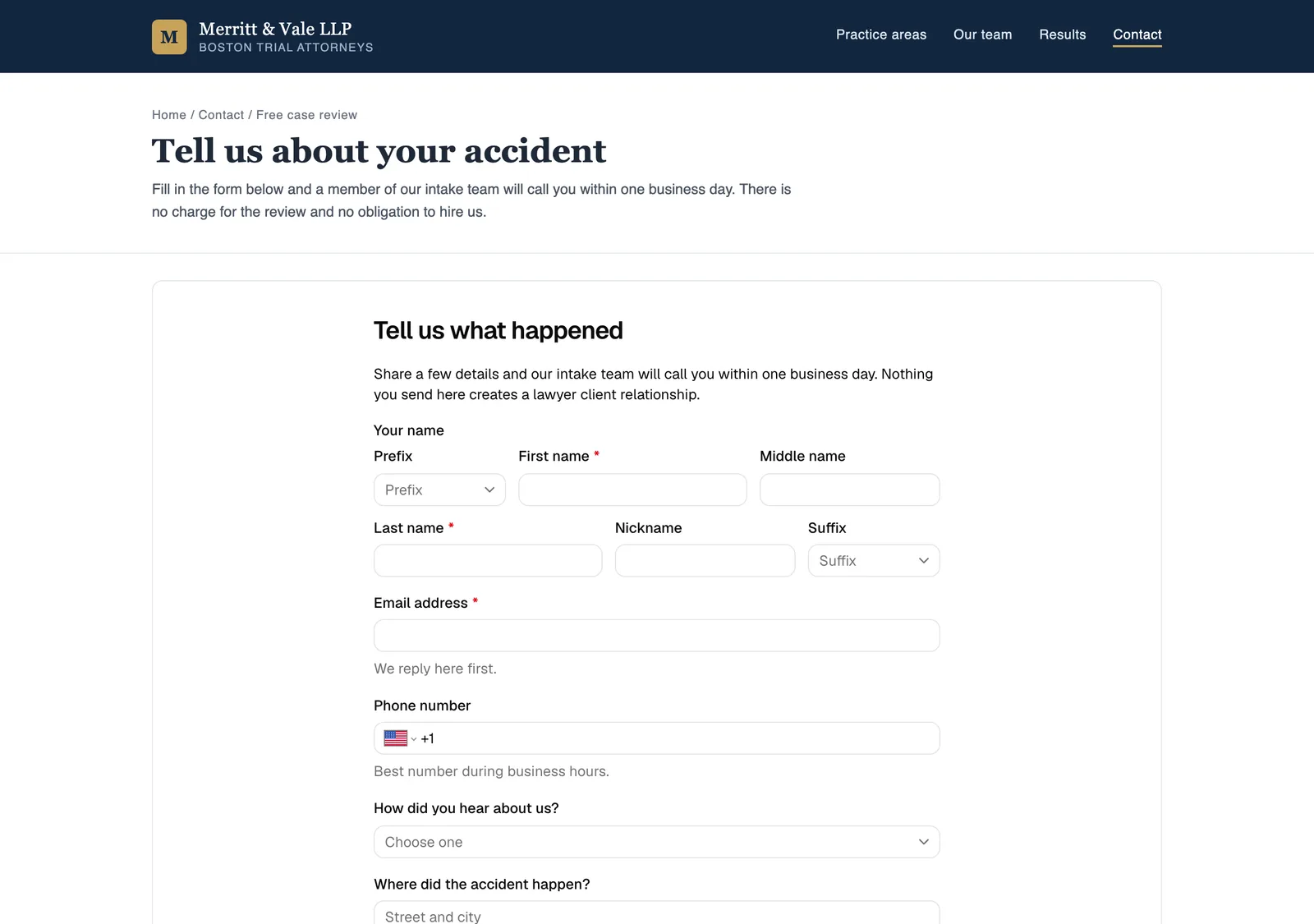 An Esqase form rendered inside a firm's own web page, with the firm's site header above it and no Esqase chrome around the form.
