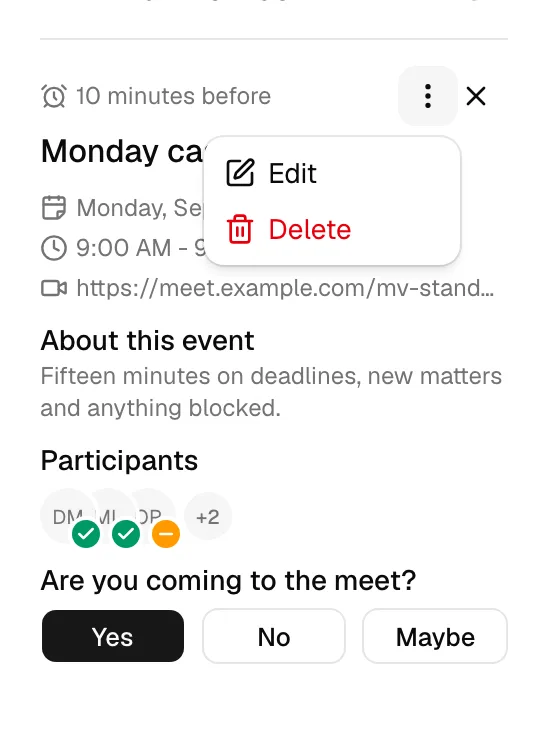 The event detail panel in the left rail with the ... menu open, showing the Edit and Delete options.