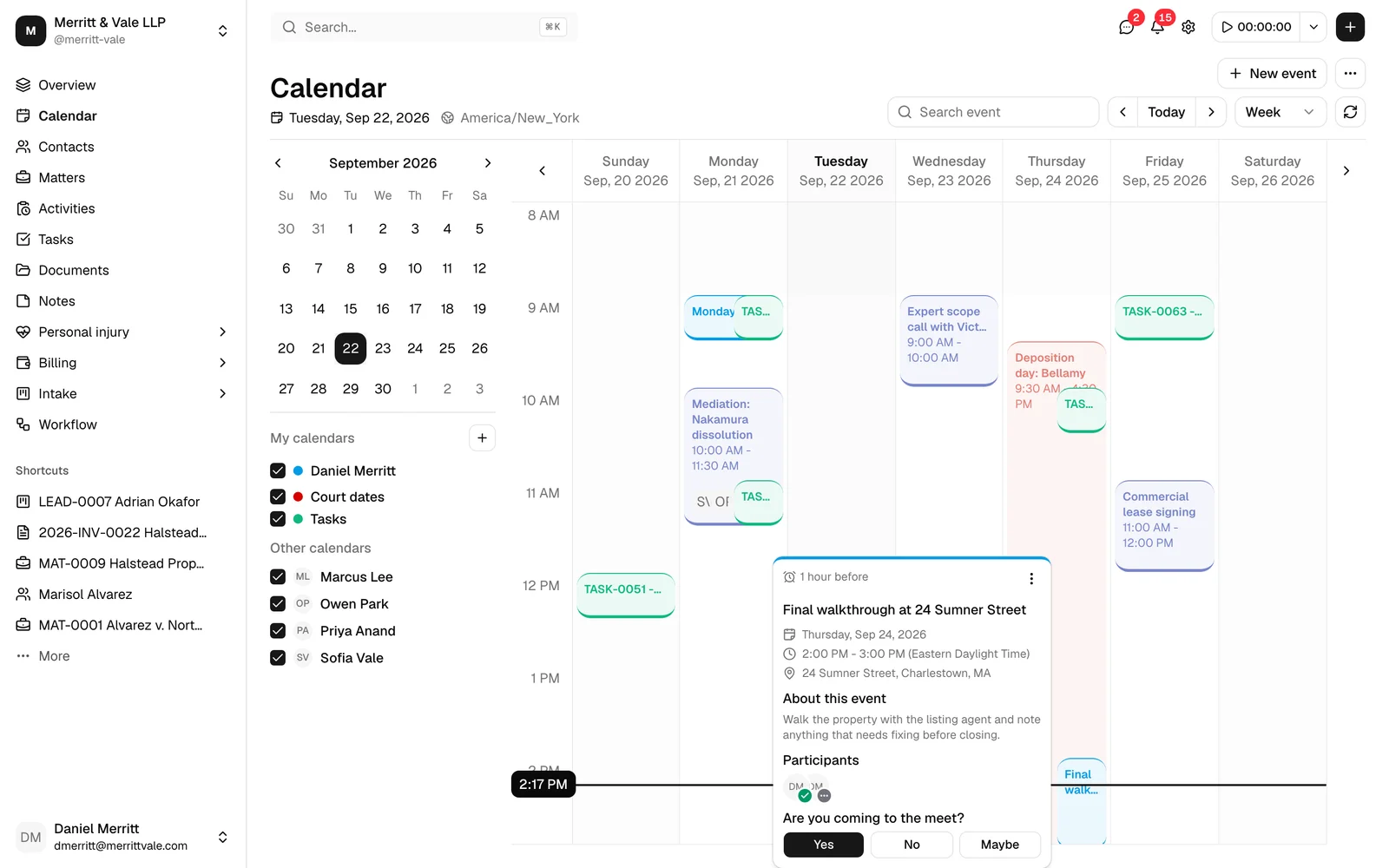 The calendar grid with the hover preview card open beside an event, showing the colored top bar, the ... menu in the top-right corner, the reminder line, the