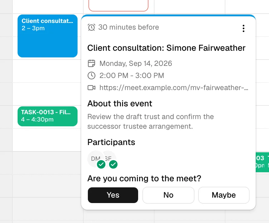 The calendar grid with the hover preview card open beside an event, showing the colored top bar, the ... menu in the top-right corner, the reminder line, the