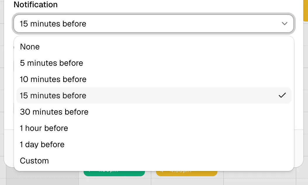 The New event dialog with the Notification field open, showing the preset lead times and the Custom option.