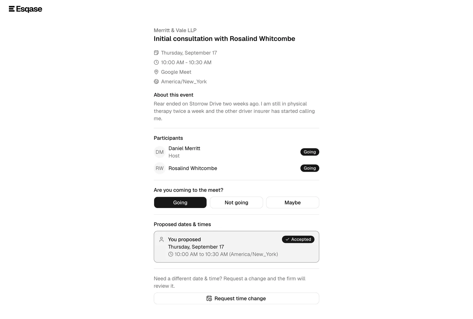The per-event page showing the meeting details, the Join meeting button, the Participants list with RSVP badges, and the RSVP and time-change controls.