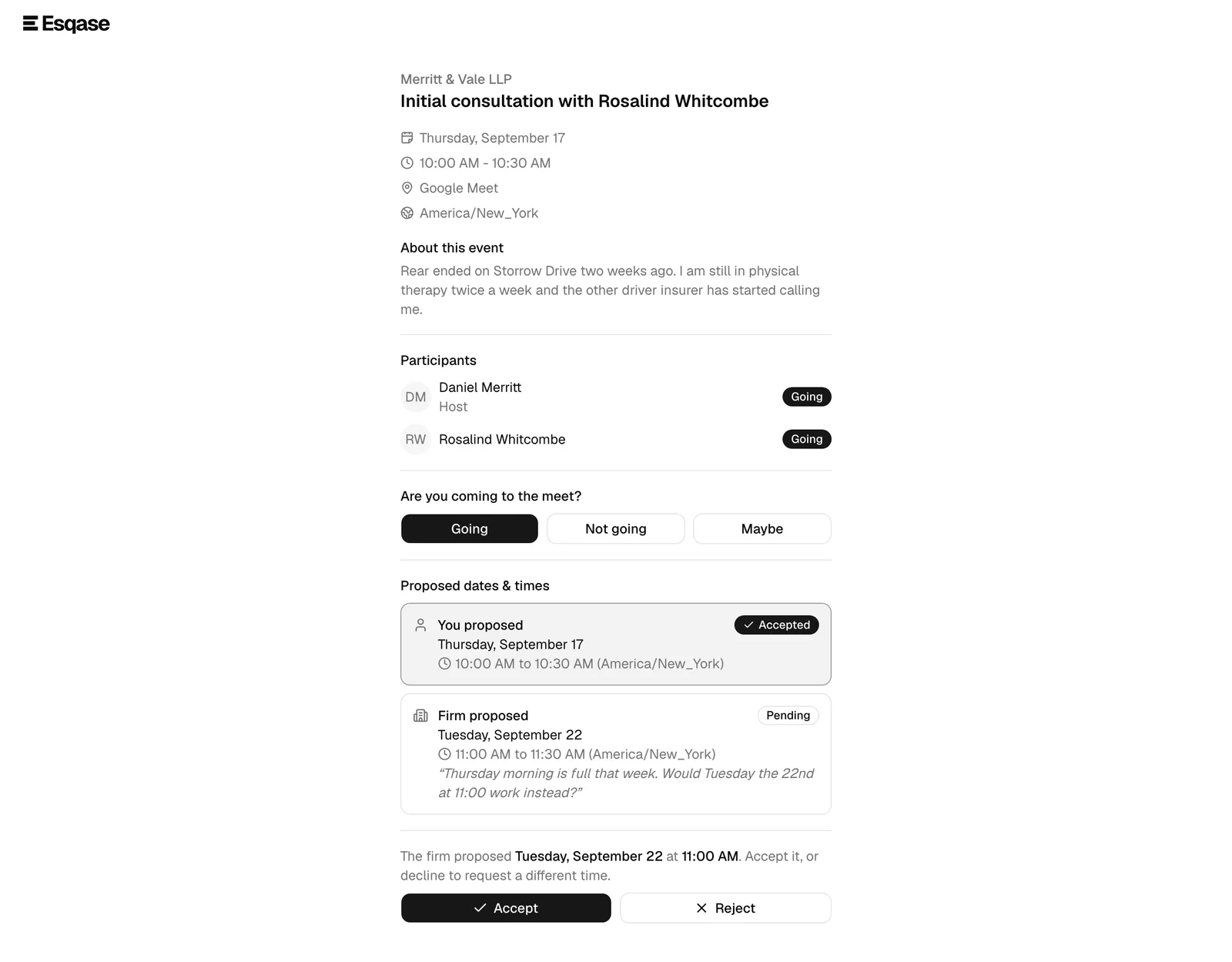 The per-event page showing a pending firm proposal with the Accept and Reject buttons, and the Proposed dates & times history below it.