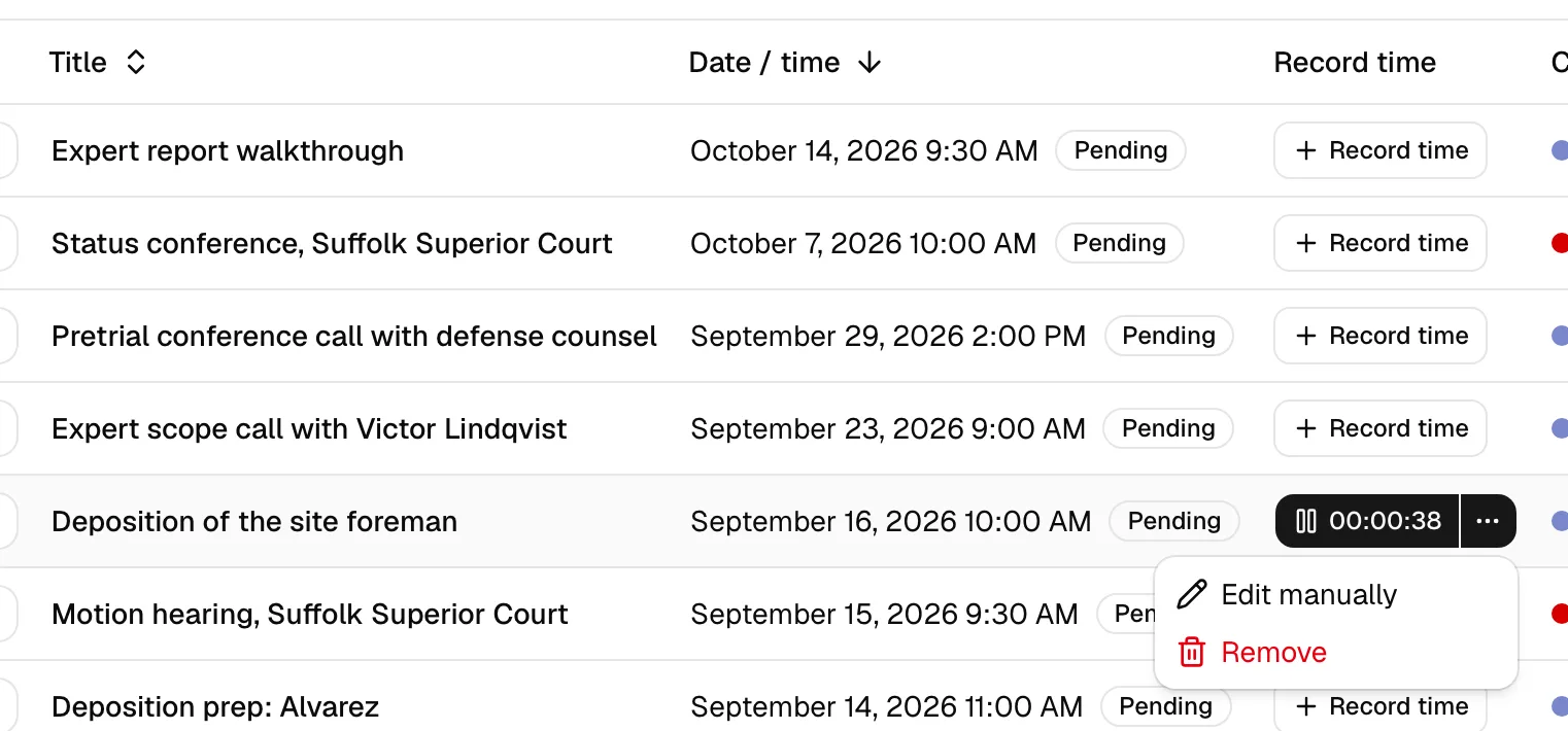 The Record time column on a matter's Events tab showing a running timer (elapsed time with a pause icon) and the options menu open with Edit manually and