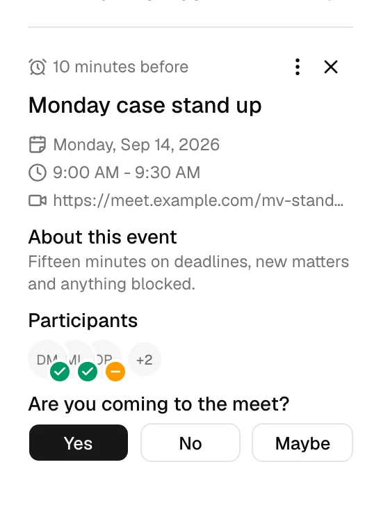 The event detail panel showing the Participants avatars and the Are you coming to the meet? row with the Yes / No / Maybe buttons.