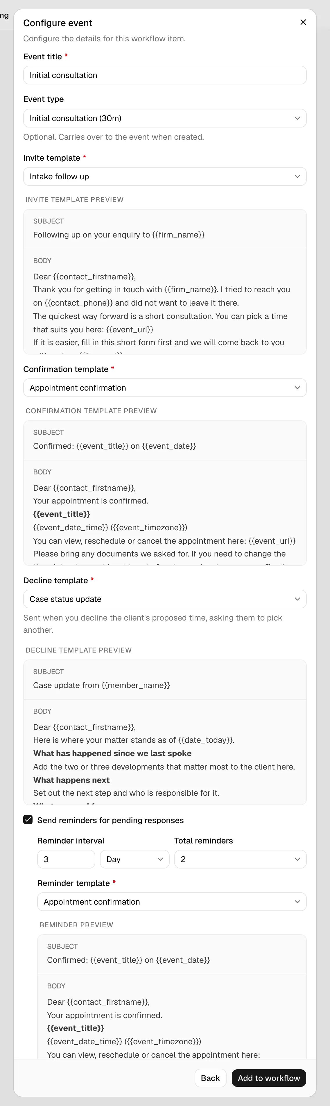 The Event step showing Event title, optional Event type, the three template pickers (Invite template, Confirmation template, Decline template) with previews