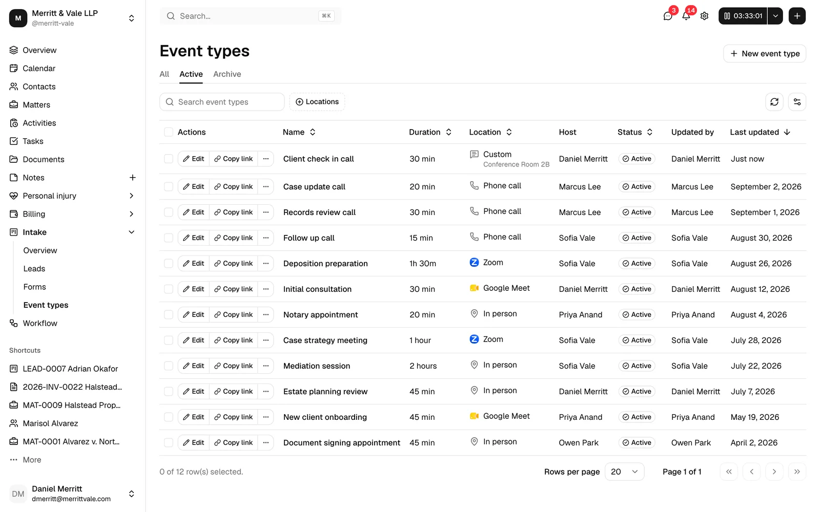 The Event types list page with the page title, the New event type button, the All / Active / Archive status tabs, the search box, the Location filter, and a