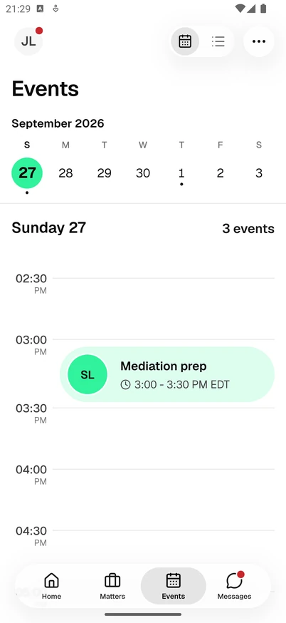 The Events tab in the Esqase Client app, in calendar view, showing the view toggle and the button with three dots, the week strip with today selected, and the day's next meeting on the time rail.