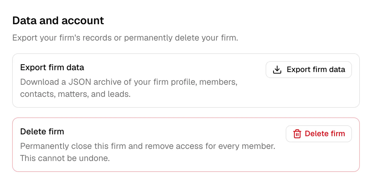 The Data and account section of the Billing page with the Export firm data row and button.